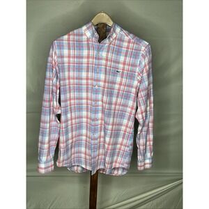 Vineyard Vines Mens Shirt Size Medium Blue Red/Salmon Plaid Slim Fit Whale Logo